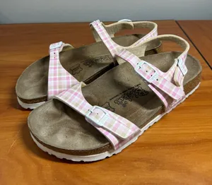 Birkis‎ by Birkenstock Womens 38/7 Pink Plaid Buckle Ankle Strap Sandal Leather thumbnail 1