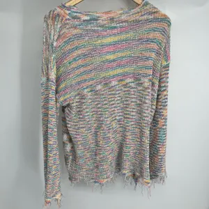 POL Rainbow Stripe Distressed Knit Sweater‎ Womens Small Lightweight Boho Fringe thumbnail 3