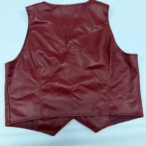 Burgundy Red Faux Leather Vest Button Front V-Neck Waistcoat with Pockets Large thumbnail 3