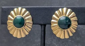 Vintage Clip On Earrings Elegant Glam Dark Green with Gold Tone Statement Halo thumbnail 1