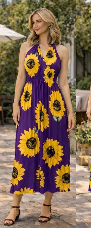 Sunflower Purple Maxi Dress Boho Floral Summer Maxi NWT Flowing Sundress Size L thumbnail 1