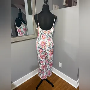 Source Unknown white floral print adjustable spaghetti strap wide leg jumpsuit size medium. thumbnail 3