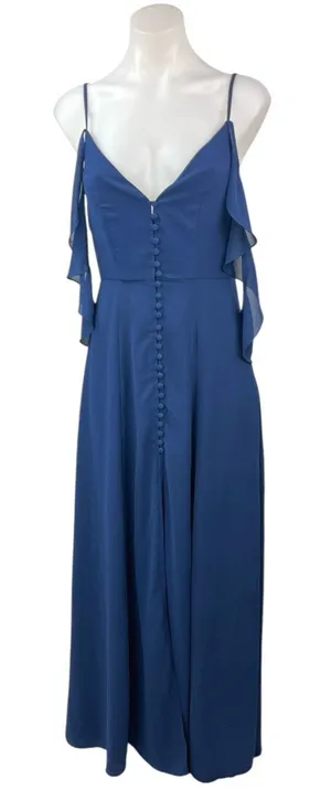 Lulus Navy Blue Ruffle V Neck Drapey Cold Shoulder Bridesmaid Maxi Dress Size S thumbnail 1