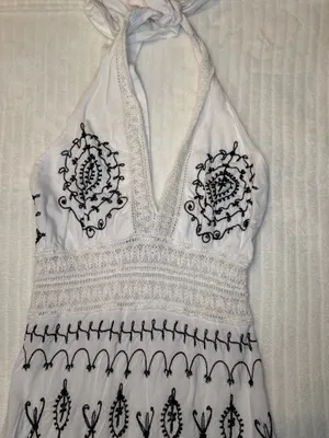 VTG Uluwatu Bali Handmade Lace Embroidered Halter Maxi Dres Size S Boho thumbnail 7