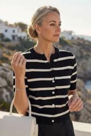 Striped Navy and White Short-Sleeve Knit Cardigan Size Large NEW thumbnail 1