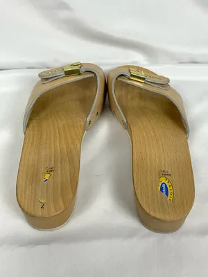 Vintage Dr. Scholl's Pescura Wood Sandals Tan Leather Italy Size 7 Original thumbnail 7