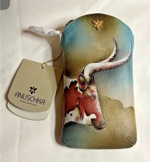 Anuschka Handpainted Leather Phone Eyeglasses Case Pouch Texas Longhorn thumbnail 1