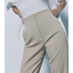 Zara Medium High Waisted Pleated Straight Leg Pants Cream Minimalist Cropped thumbnail 3