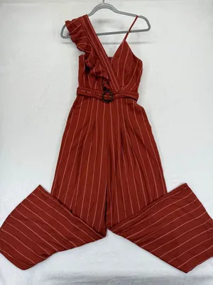 Womens Ruffle One Shoulder Wide Leg Striped Jumpsuit Rust Sz 0‎ XXXS thumbnail 1