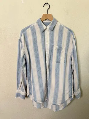 FAHERTY Relaxed Striped Shirt Button Down Blouse Blue Linen Blend Womens Size M thumbnail 4
