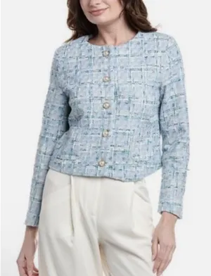 Nanette Lepore Tweed Elegant Blue Women's Pearl Button Blazer Jacket Size Large thumbnail 1