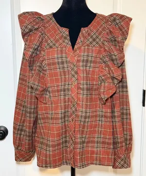 Entro Rust Plaid Wool Blend Ruffle Shoulder Top Large Boho Fall Contemporary thumbnail 1