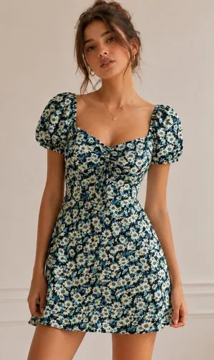 Motel Floral Mini Dress Womens XS Blue Black Puff Sleeve Ruched Cottagecore EUC thumbnail 1
