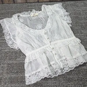 Willow + Root White Lace Flutter Peplum Blouse Sheer Boho Top Medium  167 thumbnail 3
