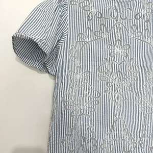 Zara striped blue blouse with lace floral cutout details mesh pin stripe size XS thumbnail 2