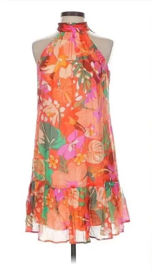 1. State Halter Neck Leaf Print Mini Dress Ruffle Hem‎ Tropical Art Spring XL thumbnail 1