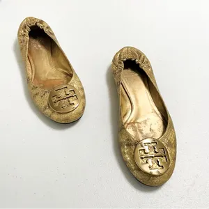 Tory Burch REVA GOLDEN SNAKESKIN MEDALION BALLET FLATS Size 8.5M VGC thumbnail 1