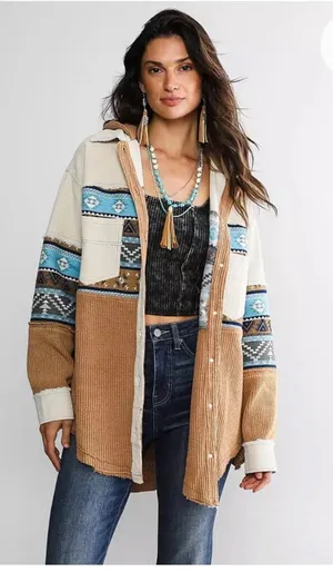Sterling & Stitch Womens S Corduroy Shacket Southwestern Patchwork Jacket Boho thumbnail 1