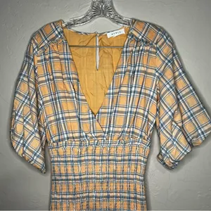 Mable Southern Peach Plaid Deep V Neck Smocked Skirt Puff‎ Sleeve Mini Dress thumbnail 3