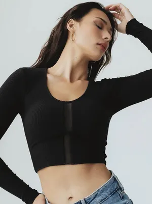 Klassy Network Mesh Strip Long Sleeve Crop Top thumbnail 1