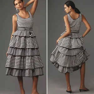 Hunter Bell Andrea Dress Black White Gingham Tiered Midi Size 6 NWT thumbnail 2