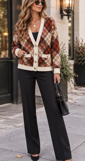 Talbots Plaid Button-Front Cardigan in Cream, Brown, Rust Size LP thumbnail 1