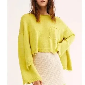 Free People Prism Sweater Women Medium Lemon Yellow Tight Knit Raw Hem Oversized thumbnail 3