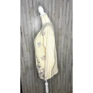 Vintage 80s Crystal Kobe Floral Embroidered‎ Knit Cardigan Beige Women's Medium thumbnail 5