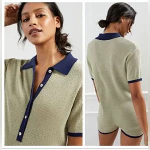 Anthropologie Saturday Sunday Ribbed Knit Romper Jumsuit Polo Shorts Bodycon M thumbnail 2