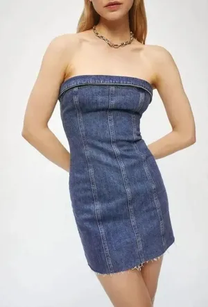 Reformation NWT Madilyn denim blue jean strapless mini dress Zip Up Size 12 thumbnail 1