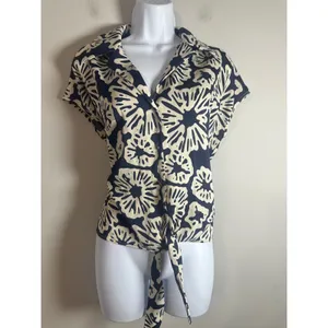 Rachel Zoe Womens Navy Blue Cream Abstract‎ Floral Front Tie Button Blouse Small thumbnail 2