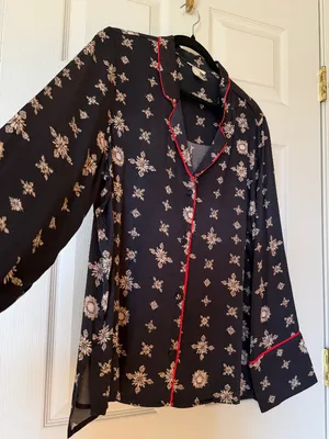 H&M Patterned Pajama Shirt - Black/Tan Satin Top Blouse - Size 12 thumbnail 5