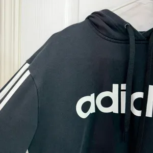 Adidas black striped sleeve pullover cotton hooded sweatshirt casual lounge L thumbnail 3