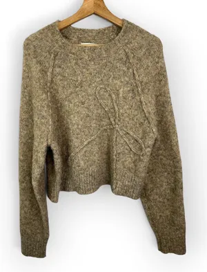 American Eagle Bow Brown Fuzzy Cable Knit Cropped Sweater Cottagecore Academia M thumbnail 1