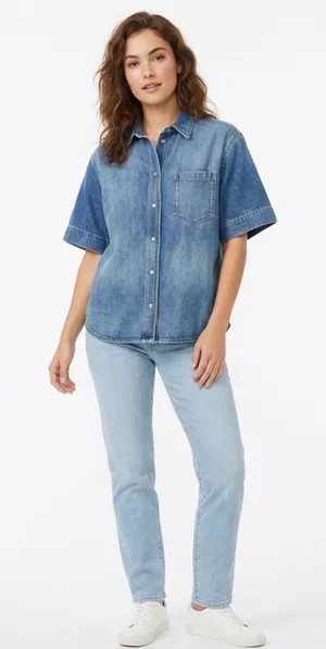 Zara Short Sleeve Denim Shirt Medium Indigo Snap Button Western Top M thumbnail 1