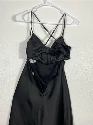 Hello Molly Black Satin Spaghetti-Strap Cutout Maxi Dress with Silver Trim SZ 4 thumbnail 10
