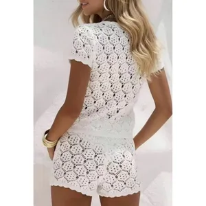 Women's Crochet 2 PC Beach Swim Coverup Set Short Sleeve & Shorts Sexy White XS thumbnail 2