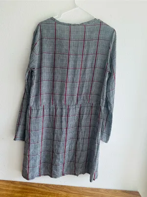 Gray Plaid Long-Sleeve Drawstring Waist Dress thumbnail 4