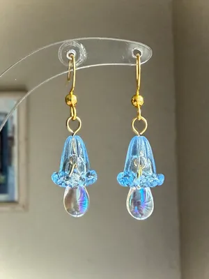 Handmade quality Czech glass beads & German acrylic flower beads cute fairy cottage style dangle earrings💐🩵 thumbnail 2