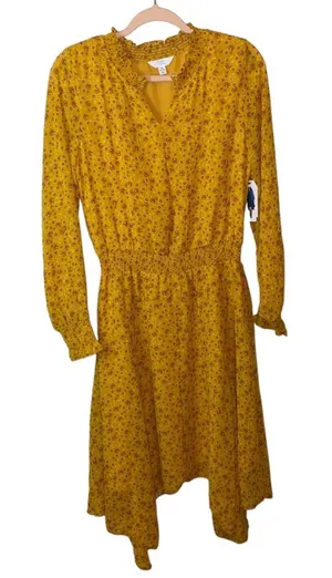 NWT‎ Time & Tru Mustard Yellow Floral Midi Dress Smocked Waist Long Sleeve Dress thumbnail 1