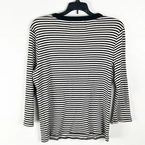LAUREN RALPH LAUREN Black White Striped Long V-Neck Button Accent Top Large thumbnail 2
