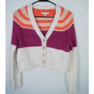 American Eagle Striped Cardigan Button Front Multicolor Pink Cream Fuzzy Size XS thumbnail 3