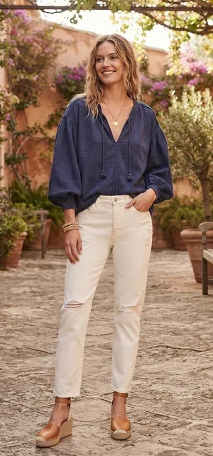 aerie Navy Peasant Blouse with Balloon Sleeves thumbnail 1