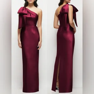 NEW Alfred Sung Bow Detail One-Shoulder Satin Twill Column Gown Sz 4 Cabernet thumbnail 2