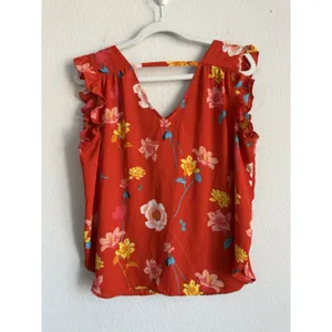 LOFT Women's Orange Red Lily Bar Back Shell Floral Flutter‎ Sleeve Blouse Size M thumbnail 7