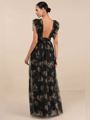 Lulus Simply Delighted Black Floral Mesh Ruffled Backless Maxi Dress Size XXL thumbnail 3