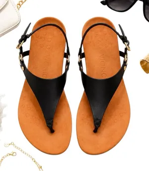 Vionic Kirra Black Leather Orthotic Ring Detail Comfort Thong Sandals Size 6 EUC thumbnail 1