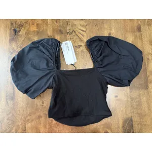 NWT Womens Zara black puff sleeve crop top blouse‎ ribbed size M thumbnail 2