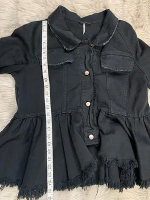 Free People Willow Black Denim Jacket Peplum Raw Hem Lace Up Cuff Military Medium thumbnail 8