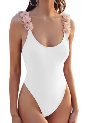 White One Piece‎ Swimsuit Blush Pink Floral Straps High Cut Small Beach Bridal thumbnail 1